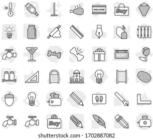 Editable thin line isolated vector icon set - pencil, bone, mansion, bulb, water tap, vector, salt pepper, bank, potato, berry, fence, acorn, welcome mat, washboard, rake, rolling pin, thermometer