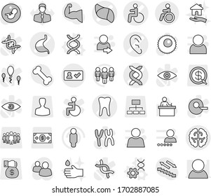 Editable thin line isolated vector icon set - disability vector, dna, tooth, ear, stomach, brain, liver, check in, invalid, edit, hand drop, housing, student, man, muscule, stairways run, bone, gift