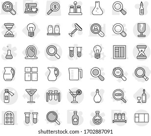 Editable thin line isolated vector icon set - magnifier, vector, sand clock, test vial, potion bottle, window, arch, fragile, cocktail, bulb, mirror, data search, spices, coffee maker, ketchup, jug