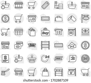 Editable thin line isolated vector icon set - cart, shop, market, shopping list, bag, sale, store signboard, mall, label, basket, turk, dollar coin vector, credit card, shelving, money, open, closed