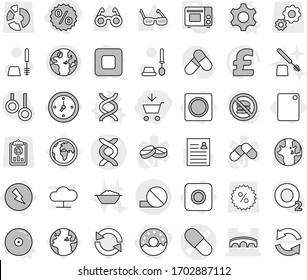 Editable thin line isolated vector icon set - add to cart, percent, donut, dna vector, pill, bridge, globe, watch, electricity, ring button, cutting board, gear, cd, grill oven, reload, toilet brush