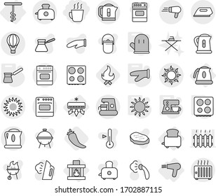 Editable thin line isolated vector icon set - hot drink, air ballon, sun, conditioning, toaster, kettle, hair dryer, corkscrew, fireplace, cook glove, turk, gas oven, hob, coffee maker, pepper, fire
