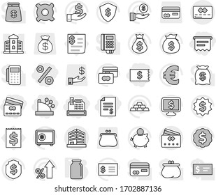 Editable thin line isolated vector icon set - account balance, receipt, credit card, percent, cashbox, atm, building, office, bank, vector, growth, money bag, piggy, investment, dollar medal, shield