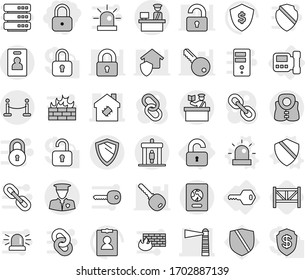Editable thin line isolated vector icon set - lock, lighthouse, smart house, customs control, security man, vip fence, detector, inspector, passport, identity card, shield, life vest, unlocked, key