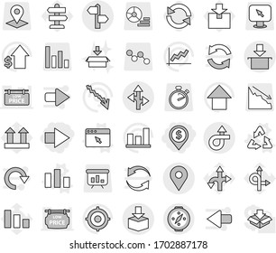 Editable thin line isolated vector icon set - dollar pin, right arrow, trip, signpost, geo, route, package, compass, recycle vector, chart, browser window, reload, graph, crisis, growth, target, up