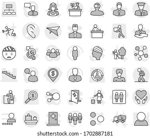 Editable thin line isolated vector icon set - wc, dollar pin, ear vector, health care, stairs, security man, deltaplane, tourist, baggage checking, inspector, vr helmet, garden cleaning, garbage bin
