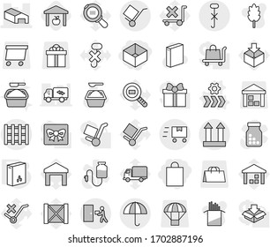 Editable thin line isolated vector icon set - shopping bag, box, warehouse, trolley, dry cargo, top sign, do not hook, courier delivery, pallet, fast deliver, conveyor vector, cereals, cereal, pasta