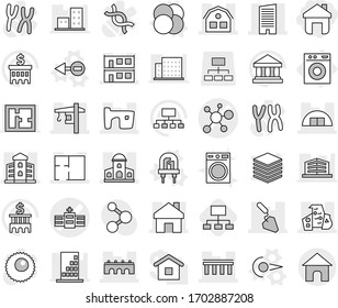Editable thin line isolated vector icon set - home, hospital vector, virus, bridge, mansion, skyscraper, slum, hangare, modern architecture, modular house, building, construction, tower crane, plan
