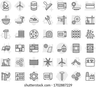 Editable thin line isolated vector icon set - tools, nail, microscope vector, bunker, modular house, measuring tape, tower crane, port, barrel, pallet, gear, filter, ladle, oil pump, hammer, wrench