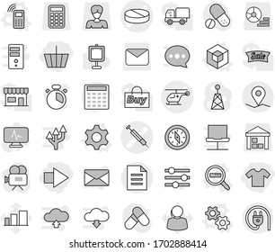 Editable thin line isolated vector icon set - basket, right arrow, t shirt, pill vector, ambulance helicopter, syringe, geo pin, document, gear, gears, mobile phone, 3d, data search, cook timer, buy