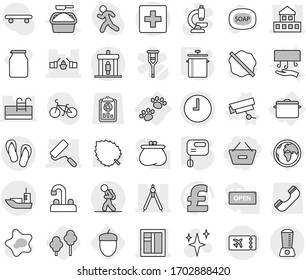 Editable thin line isolated vector icon set - remove from basket, drawbridge, cottage, window, repair, drawing compasses, sea shipping, clock, tourist, detector, ticket, first aid, flip flops, pan