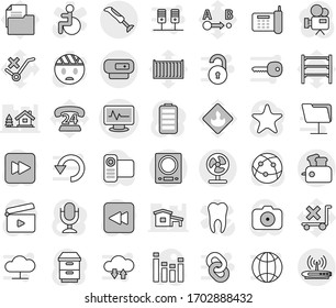 Editable thin line isolated vector icon set - monitor pulse vector, phone, 24, sea container, document, no trolley, flammable, route, shelving, cinema clap, camera, equalizer, video, microphone, key