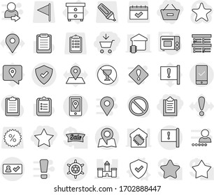 Editable thin line isolated vector icon set - add to cart, clipboard, remove from basket, star, castle, important flag, mobile location, protected, check in, checking, map, handwheel, nightstand