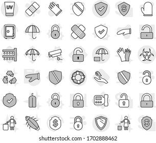 Editable thin line isolated vector icon set - biohazard vector, lock, unlock, protected, insurance, uv cream, shield, lifebuoy, unlocked, intercome, surveillance camera, cook glove, watering, rubber
