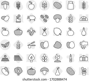 Editable thin line isolated vector icon set - apple vector, spikelets, leafs, greenhouse, flour, eggs, mushroom, potato, tomato, beans, onion, coffee seeds, field, corn, pear, sheep, sprouting, sow