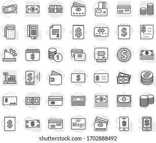 Editable thin line isolated vector icon set - dollar coin, money, credit card, receipt, account balance, mobile pay, wallet, cashbox, invoice, atm, vector, cash, stack, check, calendar, reader, tap
