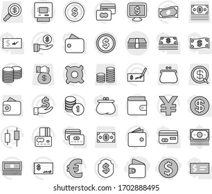 Editable thin line isolated vector icon set - dollar coin, wallet, money, atm, vector, japanese candle, credit card, cash, investment, stack, check, shield, monitor, any currency, euro sign, yen