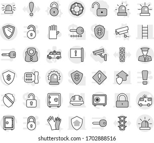 Editable thin line isolated vector icon set - unlock, ambulance car vector, stairs, lock, building helmet, important flag, alarm, security man, safe, shield, life vest, lifebuoy, intercome, siren