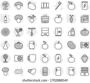 Editable thin line isolated vector icon set - apple vector, cocktail, cooler fan, fridge, cup, corkscrew, vegetable oil, tomato, carrot, lemon, mushroom, pear, beet, strawberry, potato, shampoo