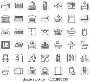 Editable thin line isolated vector icon set - wc, hospital bed vector, hangare, door, plan, hotel, sink, bath, wardrobe, crib, fireplace, toilet, paper, water closet, cleaner woman, bucket and broom