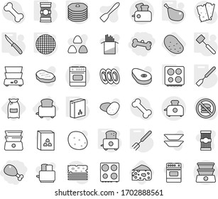Editable thin line isolated vector icon set - chicken leg, bone, toaster, spatula, big fork, knife, meat hammer, hob, sieve, cereals, pasta, pancakes, flour, potato, cheese, vector, oven, plates