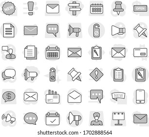 Editable thin line isolated vector icon set - megafon, singlepost, mail, calendar, terms, clipboard pen, document, loudspeaker, do not distrub, envelope vector, paper pin, billboard, woman, message