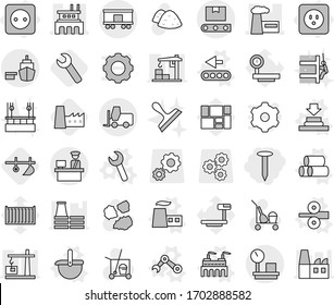 Editable thin line isolated vector icon set - nail, factory, port, customs control, fork loader, warehouse scales, railroad shipping, transporter tape, power socket, vector, press, ladle, pipes, big