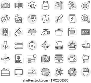 Editable thin line isolated vector icon set - tower crane, fetlock vector, towel, water tap, pan, mixer, blender, cake, pen, backpack, schedule, cash, enegry drink, breads, run, route, navigator, tv