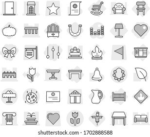 Editable thin line isolated vector icon set - bow, heart, equalizer, column, bridge, building, door, fountain, flower bed, perishable, hawaiian wreath, disco ball, restaurant, table, wardrobe, chair
