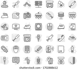 Editable thin line isolated vector icon set - mobile pay, location, air conditioning, intercome, remote control vector, vr helmet, robot hand, kitchen scales, handle, blender, soil cutter, iron
