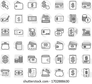 Editable thin line isolated vector icon set - credit card, receipt, account balance, mobile pay, wallet, cashbox, vector, coin stack, check, dollar cursor, purse, money, gift, reader, tap