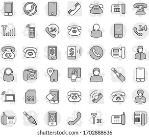 Editable thin line isolated vector icon set - mobile pay, phone, 24, support manager, location, checking, camera, intercome, vector, laptop wifi, office, touchscreen, sim card, antenna signal, no