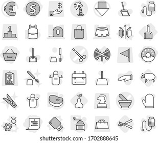 Editable thin line isolated vector icon set - dollar coin, remove from basket, shopping list, donut, mortar vector, surgical clamp, measuring tape, stadium, palm, wireless, scoop, magnetic field
