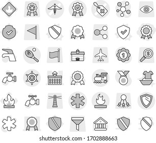 Editable thin line isolated vector icon set - medal, ambulance star vector, medical label, sign, university, flammable, train, tennis, shield, handwheel, water tap, handle washing, protected, funnel