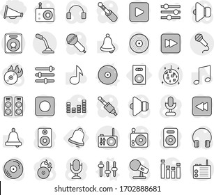 Editable thin line isolated vector icon set - loudspeaker, disco ball, speaker, bell, setup vector, cd, music, disk, hit, microphone, radio, equalizer, headphones, play button, forward, backward