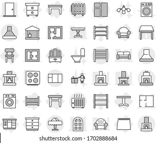 Editable thin line isolated vector icon set - door, arch window, plan, rack, restaurant, curtain, table, nightstand, chest of drawers, wardrobe, dresser, stool, chair, armchair, crib, fireplace, hob