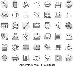 Editable thin line isolated vector icon set - market, sale, broken bone vector, medal, stadium, security man, armchair, server, recycle, whisk, berry, hive, car fetlock, cleaning agent, cook press