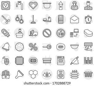 Editable thin line isolated vector icon set - heart cross vector, eye, microbe, hospital recieption, surgical clamp, tower, palace, support manager, fork loader, power socket, dresser, bell, cpu