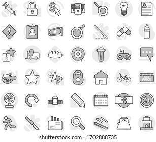 Editable thin line isolated vector icon set - fork loader, pan, bread, vector, kettle, pencil, school building, magnifier, cash, target, personal information, calendar, dollar cursor, bike, weight