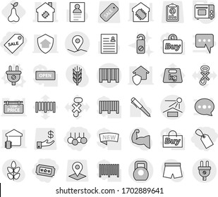 Editable thin line isolated vector icon set - label, sale, ticket, smart house, geo pin, sun potection, heavy, bar code, plug vector, grill oven, pear, do not distrub, pen, personal information, new