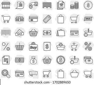 Editable thin line isolated vector icon set - add to cart, basket, hand coin, money, credit card, account balance, remove from, delete, shopping list, market, bag, sale, percent, bar code, receipt
