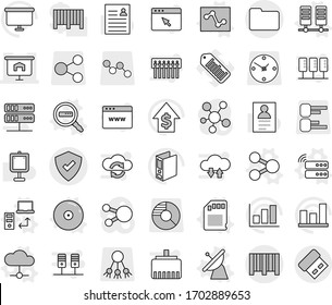 Editable thin line isolated vector icon set - presentation, documents, protected, bar code, share vector, satellite antenna, server, cloud, data transfer, analytics, sd card, search, cd, graph, hub