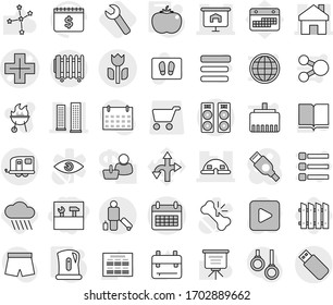 Editable thin line isolated vector icon set - tools, cross vector, home, skyscrapers, presentation, dome house, calendar, perishable, trailer, passenger, kettle, tomato, rain cloud, fence, wrench