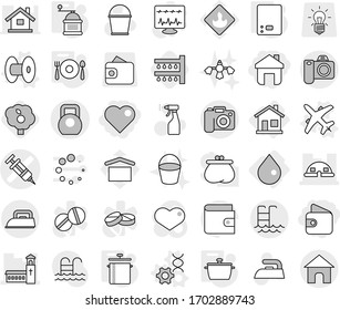 Editable thin line isolated vector icon set - wallet, home, heart, syringe vector, church, dome house, heavy, pool, camera, drop, coil, plane, dna edit, pan, kitchen scales, hand mill, watering