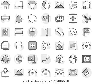 Editable thin line isolated vector icon set - medical flag vector, virus, house, outdoor light, loading, first aid, 3d, ladle, mushroom, splotch, plates, drop, book, molecule, leaf, dollar, buttocks