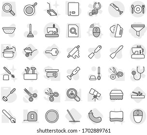 Editable thin line isolated vector icon set - funnel, measuring tape, cafe, key, repair tools, wireless mouse vector, steam pan, kitchen scales, whisk, soil cutter, rake, wheelbarrow, eggplant, pen