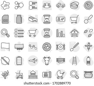 Editable thin line isolated vector icon set - cart, list, baby stroller, sand clock vector, cottage, warehouse, plane, check in, barometer, stairs, office phone, sim card, big spoon, fork plate, cow