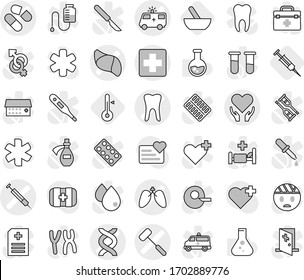 Editable thin line isolated vector icon set - medical cross vector, dna, pill, ambulance car, tooth, lungs, liver, health care, doctors hammer, syringe, mortar, thermometer, flask, heart monitor