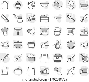 Editable thin line isolated vector icon set - chicken leg, cutting board, pan, bbq, cauldron, colander, chief hat, egg timer, garlic clasp, big spoon, chef knife, food processor, apron, vector, jug