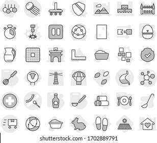 Editable thin line isolated vector icon set - sale, medical cross vector, virus, sperm, stomach, arch, block wall, gothic architecture, fast deliver, jellyfish, slippers, blocks, cpu, pipes, laser